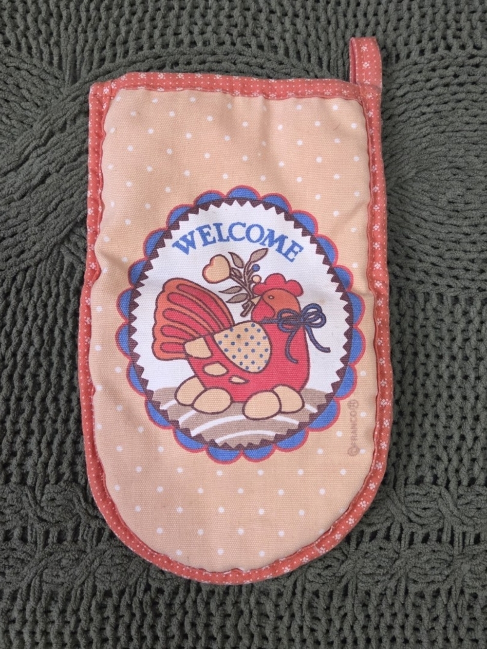 Franco Hand Oven Mitt Vintage Chicken Welcome Orange Polka Dots Retro